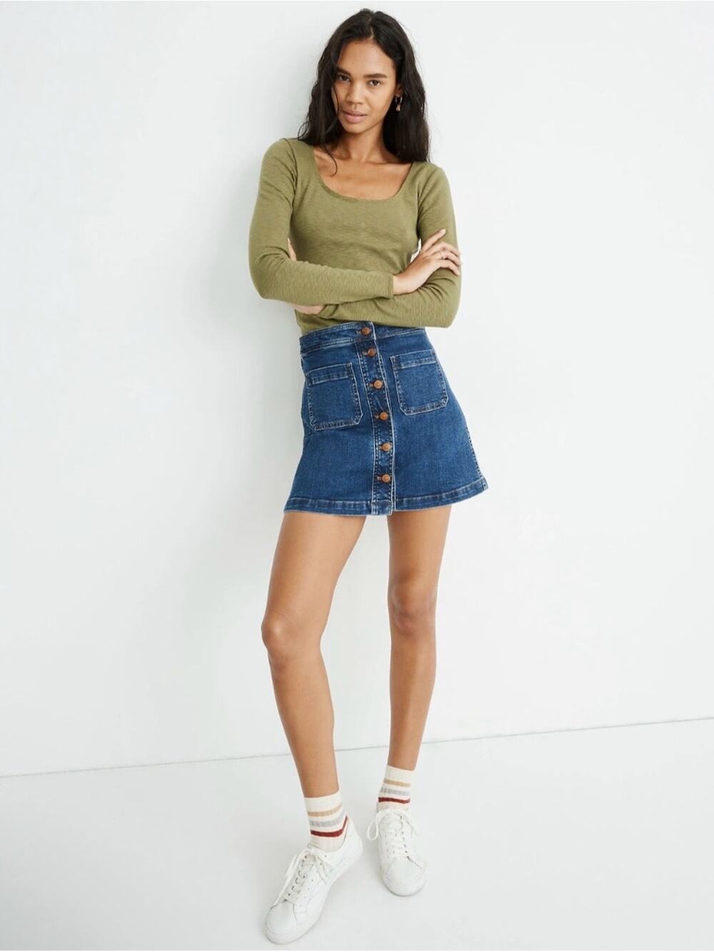 Madewell Stretch Denim A-Line Patch Pocket Mini Skirt Size 14
